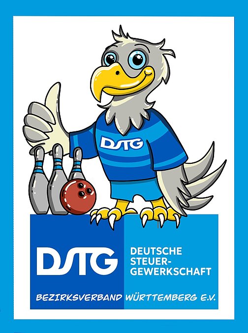 Gezeichneter Geier mit Bowlingkugel und Pins